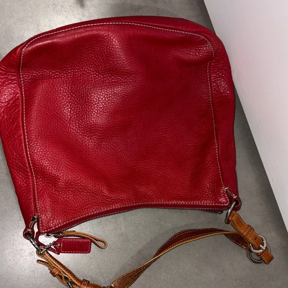 Coach Red Pebbled Leather Shoulder Bag with Front Pocket - Picture 9 of 9
